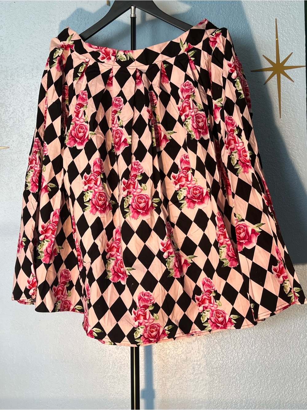 Hell Bunny Pink and Black Floral Harlequin Skater Skirt
